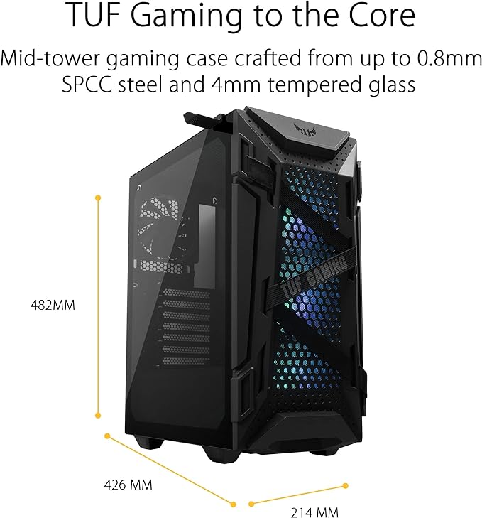 ASUS TUF Gaming GT301 Mid-Tower Compact Case for ATX Motherboards with honeycomb Front Panel, 120mm AURA Addressable RBG fans, headphone hanger, and 360mm radiator support, 2 x USB 3.2 ASUS TUF Gaming GT301 Mid-Tower Compact Case for ATX Motherboards with honeycomb Front Panel, 120mm AURA Addressable RBG fans, headphone hanger, and 360mm radiator support, 2 x USB 3.2